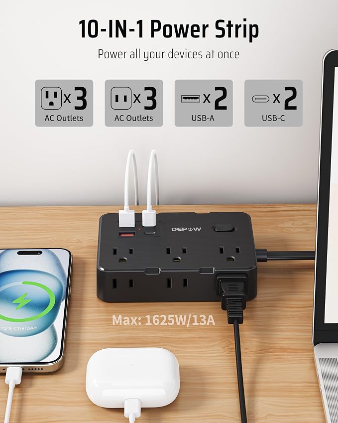 DEPOW Surge Protector Power Strip with Flat Plug, 5 FT Extension Cord with 6 AC Outlets 4 USB Ports(2 USB-C),1050J Surge Protection, Wall Mountable Charging Station for Office, Home, Black