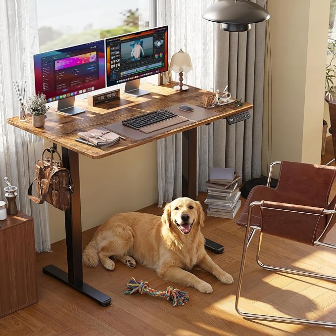 Claiks Electric Height Adjustable Stand Up Desk, 32x19 Inches Sit Stand Desk for Home Office, Rustic Brown Top/Black Frame
