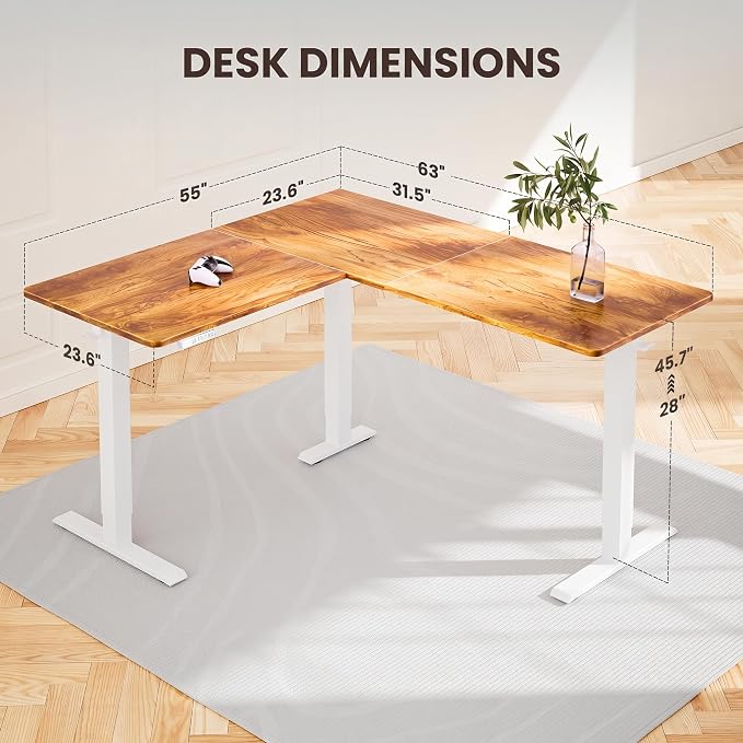 ErGear 63″ L Shaped Standing Desk Electric Adjustable Height, Light Vintage | Left & Right Interchangeable Installation, 4 Memory Presets, One-Touch Control, Stable Steel Frame, 220 lbs Capacity