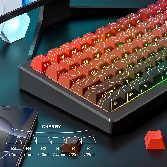dagaladoo Red Black Topographic keycaps Line Backlit keycaps Shine Through Keyboard Keys Side Printed Key caps Cherry Profile keycap Set for 61/64/66/68/71/75/84/87 Mechanical Keyboards