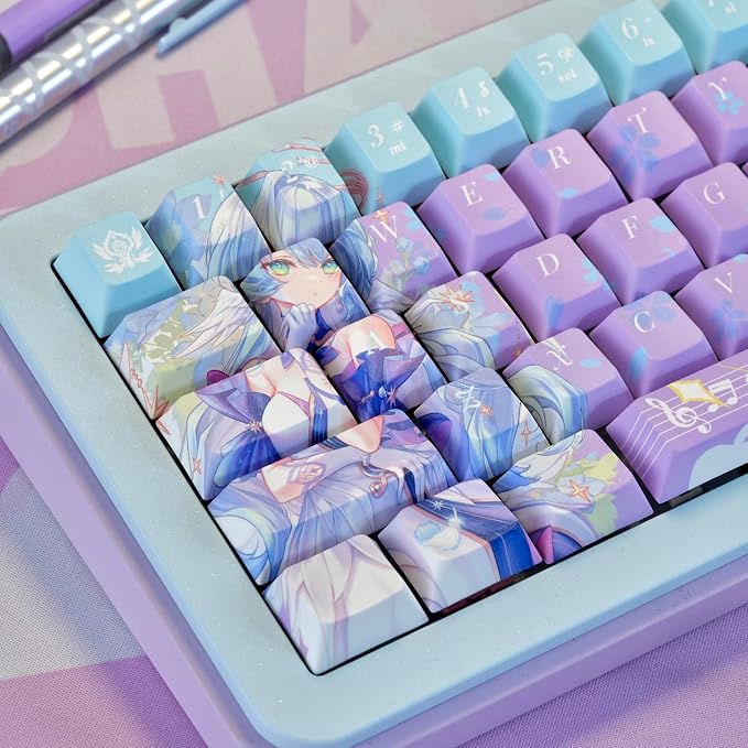 Japanese Anime Keycaps, Cherry Profile PBT Keycap 130 Keys, Blue and Purple Custom Key Cap Dye-Sub Manga Key Caps Set for 60% 65% 75% 100% Gateron Mechanical Keyboard