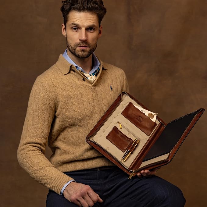 Time Resistance Leather Portfolio - A4 Document Folder - Italian Handcrafted Padfolio Organizer (Cognac Brown) - Gift Box Included