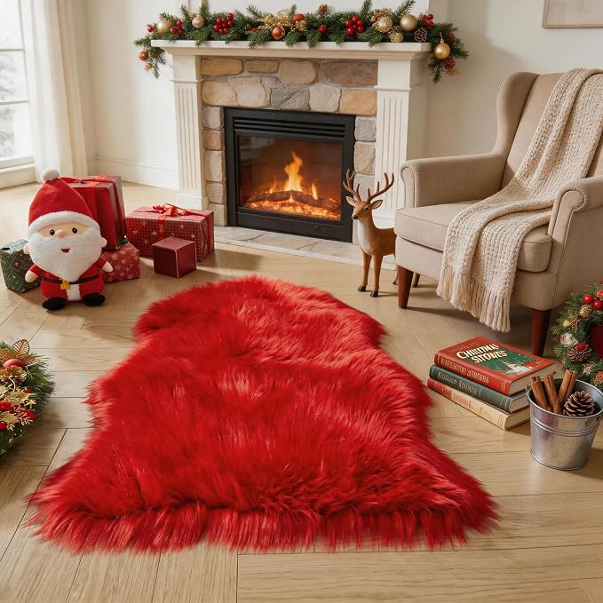 EasyJoy Ultra Soft Faux Fur Rug Fluffy Sheepskin Rug for Bedroom Living Room Sofa Bedside Floor(2 x 3 ft Sheepskin, Red)