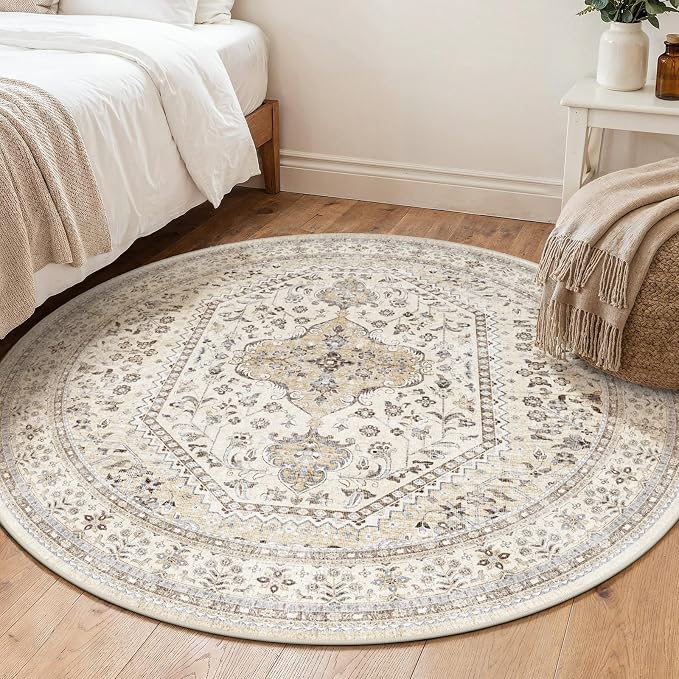 Puino 5FT Round Area Rug: Washable Oriental Circle Rugs Low Pile Soft Carpet with Non Slip Backing for Living Room Vintage Indoor Rug for Bedroom Kitchen Nursery Dining Room Home Office Beige/Gray
