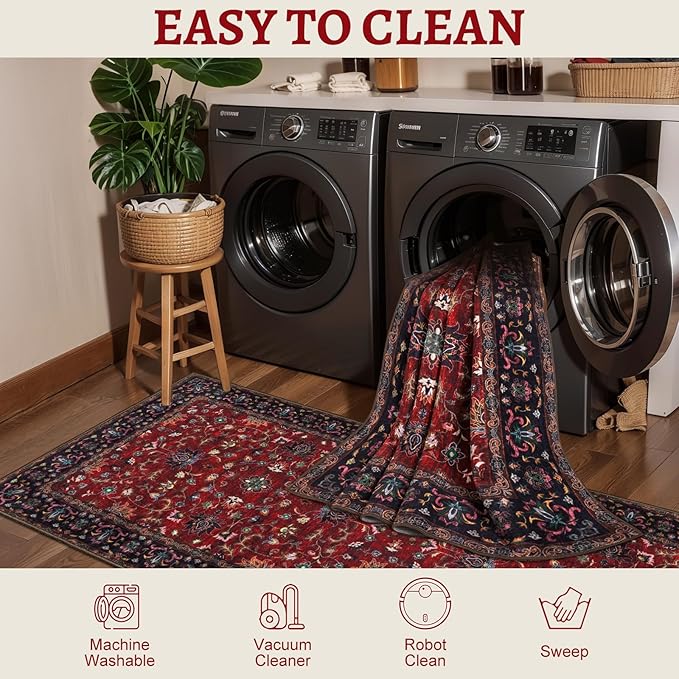Tangsoo Red 4x6 Washable Area Rug, Vintage Indoor Rugs for Living Room, Non Slip Machine Washable Large Rugs, Soft Print Red Oriental Carpet for Bedroom Dining Room Dorm Office