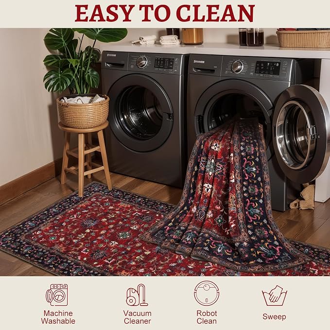 Tangsoo Red 3x5 Area Rug, Washable Vintage Rugs Indoor, Non Slip Accent Rug, Print Oriental Carpet, Soft Low Pile Rug for Living Room Dorm Bedroom Bedside Entryway Bathroom