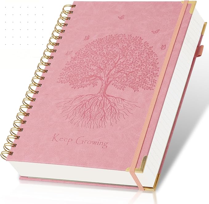 Spiral Notebook Bullet Dotted Journal, 300 Pages Thick No Bleed Paper Hardcover Journaling Notebooks, Leather Dot Grid Notebook for Planning, Lay Flat Large Notebook for Women Men, A5 Notebook, Pink