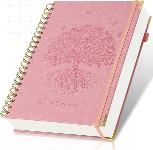 Spiral Notebook Bullet Dotted Journal, 300 Pages Thick No Bleed Paper Hardcover Journaling Notebooks, Leather Dot Grid Notebook for Planning, Lay Flat Large Notebook for Women Men, A5 Notebook, Pink