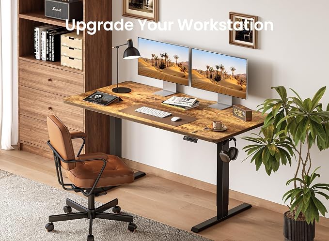 BANTI 55 × 28 Inches Standing Desk, Ergonomic, Electric Height Adjustable, Sit and Stand Up, Computer Desk with a Deeper Desktop, Black Frame/Rustic Brown Top