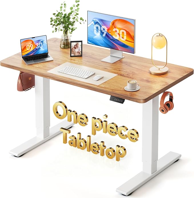 FEZIBO One-Piece Standing Desk, 48"x24" Seamless Tabletop Electric Height Adjustable for Home Office, Study Rooms & Multi-Device Workstations, Light Rustic