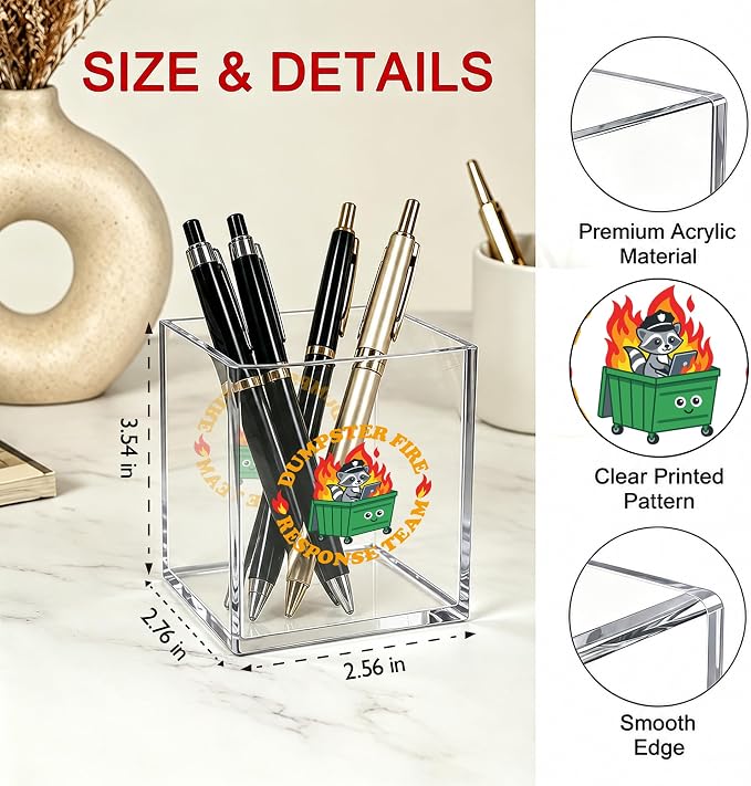 Funny Raccoon Dumpster Fire Office Acrylic Cosmetic Pen Pencil Holder Cup, Dumpster Fire Response Team Humor Pencil Organizer, Unique Desk Accessories, Motivational Gifts for Women Men（A41）