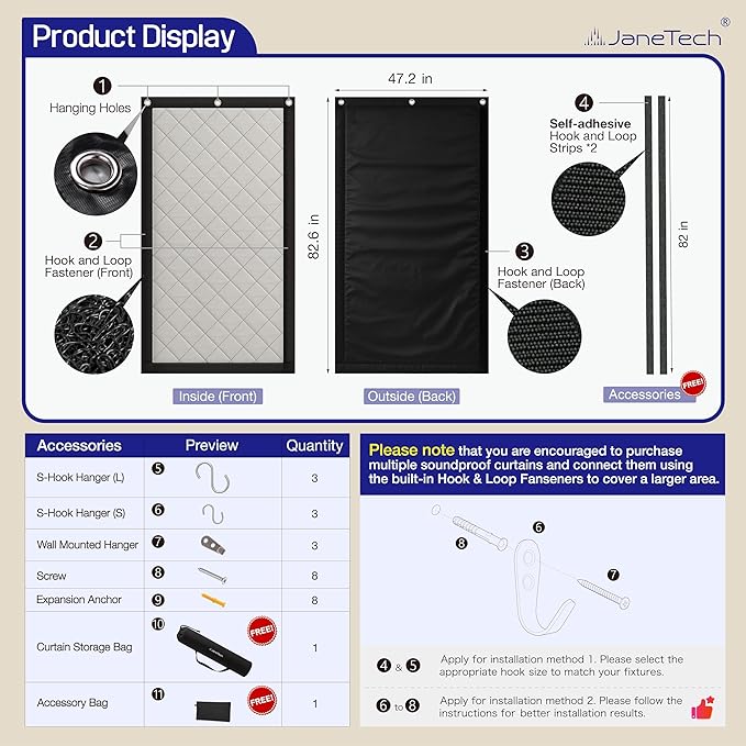Soundproof Curtain 82.6" x 47.2", Heavy Duty Sound Dampening Curtain with Grommets & Wall Hooks, Multi-Layer Acoustic Curtain for Noise Reduction & Light Blocking, Black, Single Curtain