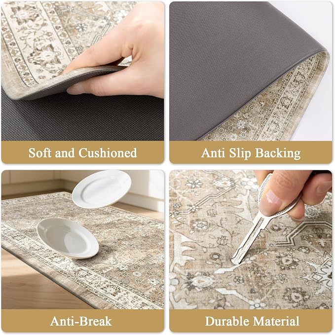 Pauwer Anti Fatigue Kitchen Floor Mats Set of 3, Cushioned Rug, Light Brown | Non Slip Comfort Standing Mat, PVC Foam Padded Kitchen Rugs, Waterproof Sink Rug for Small Kitchen Area, Laundry Room