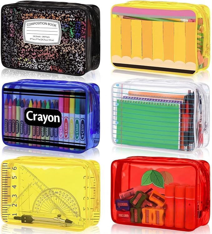 Suclain 6 Pack Back to School Gift for Teacher, School Theme PVC Zipper Organizer Pouches, 7.9 × 5.9 × 2.4 in Colorful Storage Bags for Classroom Rewards Teacher Student Gift Bags