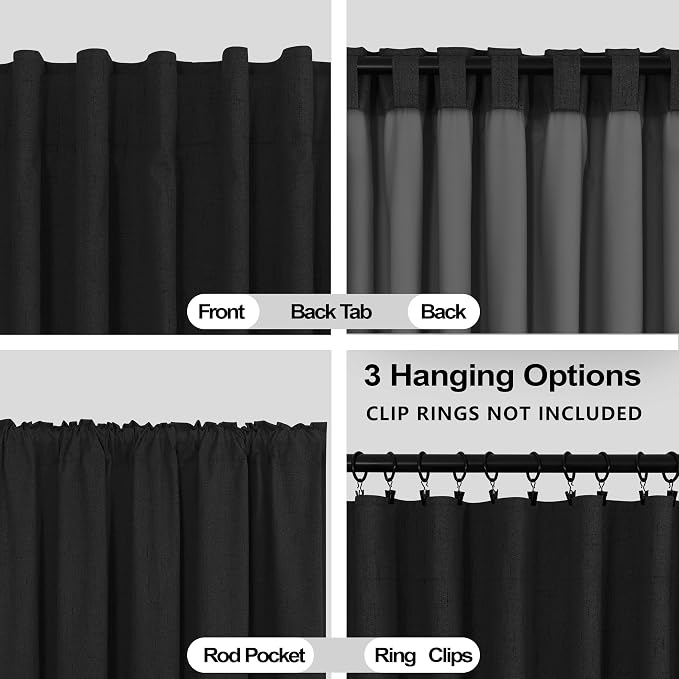 KOUFALL Linen Black Blackout Curtains for Bedroom,Dark Academia Moody Decor Back Tab Pleated Curtains for Living Room 84 Inches Long 2 Panels Set, Cortinas Negras para Habitacion