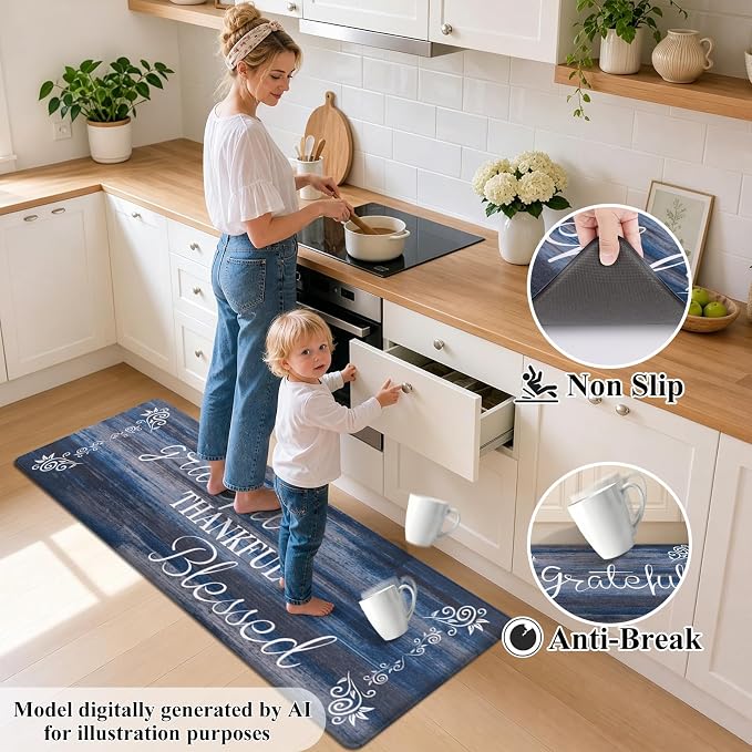 HEBE Anti Fatigue Kitchen Rugs Set of 2, Non Slip Cushioned Kitchen Mats for Floor, Waterproof Farmhouse Kitchen Carpet Set Comfort Standing Desk Mat for Sink,Office,Laundry