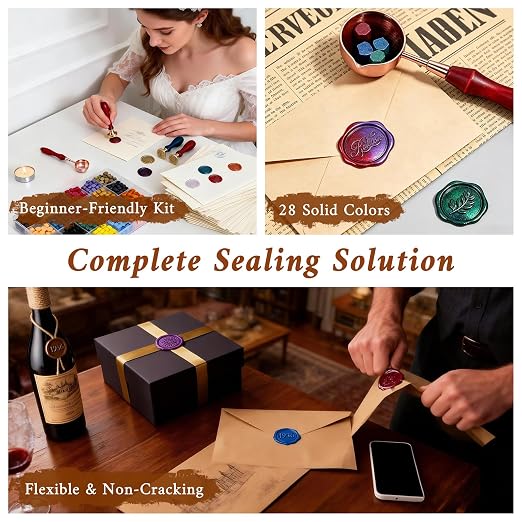 TRINIDa Wax Seal Kit - 420 Pcs in 28 Colors, Eco-Friendly Fast Melting Sealing Wax, Smokeless & Bubble-Free Wax Seal Beads with Melting Spoon & 10 Tea Lights for Wedding Invitations & Envelopes