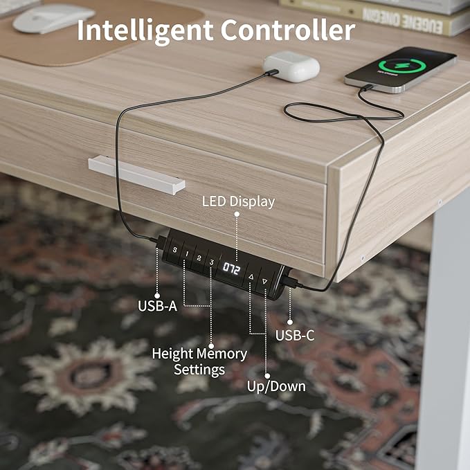 FEZIBO Electric Standing Desk 48x26 Inches with 3 Wood Drawers and Monitor Shelf, Height Adjustable Computer Desk, Ergonomic Rising Home Office Desks, Sit Stand Up Workstation Table, Light Walnut