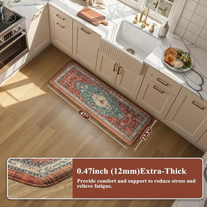 Collive Boho Cushioned Kitchen Mat, Anti Fatigue Mats for Kitchen Floor | Washable Non-Slip Sink Rug Waterproof, Comfort Standing Desk Mat for Office, Laundry, Home Decor, Rust/Multi, 17.3”x47”