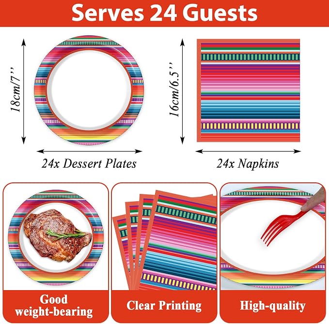 Qyeahkj Mexican Serape Fiesta Party Supplies Serves 24 Mayo Party Paper Plates Napkins Colorful Stripes Mexico Tablecloth Set Tableware Kit for Pinata Taco Ponchos Dance Day of The Dead Favor