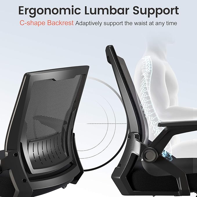 COMHOMA Office Chair with Flip-up Armrests Ergonomic Computer Desk Chair with Adaptive Lumbar Support & Breathable Mesh, Black