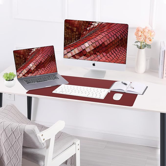 AFIING Leather Desk Pad Protector, 23.6" x 13.7", Red | Dual-Sided Cork & PU Leather, Waterproof, Non-Slip Mouse Pad & Writing Pad for Home, Office, Study & Laptop