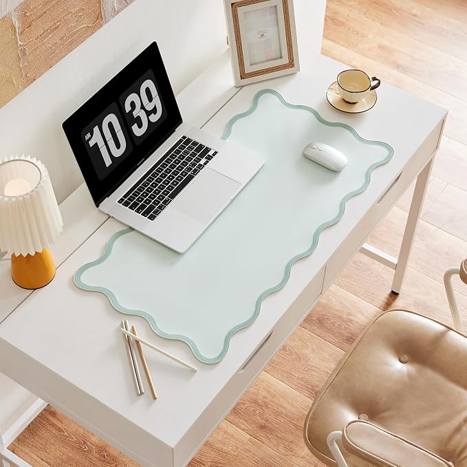 Scalloped Desk Mat, 31.5" x 15.7", PU Leather, Waterproof Anti-Slip, Cute Aesthetic Desk Pad for Office/Home/Game/Vanity (Sage, 31.5" x 15.7")
