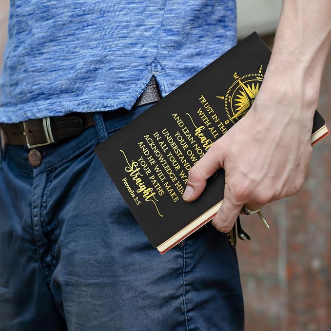 Fuyoooo 4 Pcs Baptism Gift Set for Men First Communion Gift Include Christian Journal Bible Notebook Engraved Compass and Religious Catholic Pen for Church Pastors