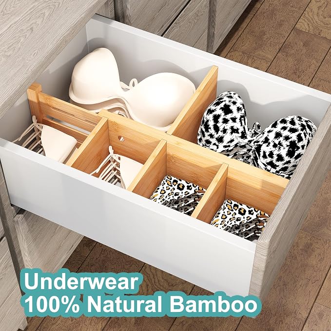 4.4" High Drawer Dividers with Inserts, Bamboo Drawer Dividers for Clothes, Expandable from 12-17.5", Adjustable drawer organizer for Bedroom, Kitchen & Office, 4 Dividers with 8 Insert.