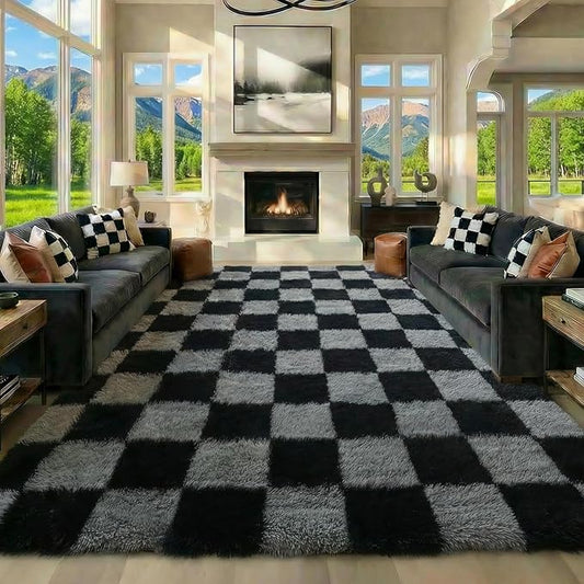 KICMOR Large Rugs for Living Room 7x10 Area Rug, Black and Grey Big Fluffy Shag Shaggy Fuzzy Checkered Bedroom Carpet, Indoor Soft Plush Rug for Kids Boys Girls Dorm Nursery Home Decor Aesthetic