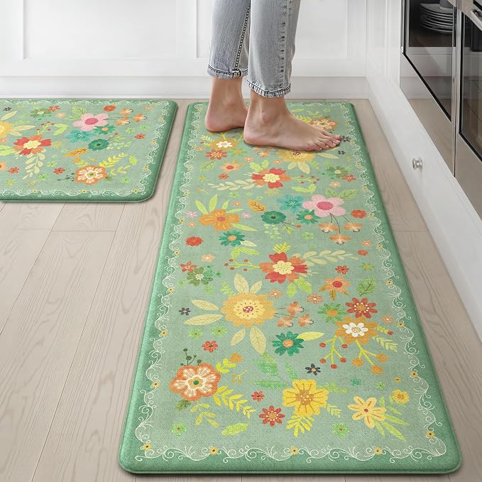 GENIMO Anti Fatigue Kitchen Mats for Floor 2PCS, Cushioned Standing Mats | 17.3"x47"&17.3"x30", Sage Green vintage floral rug set, waterproof, non slip, easy-clean for farmhouse