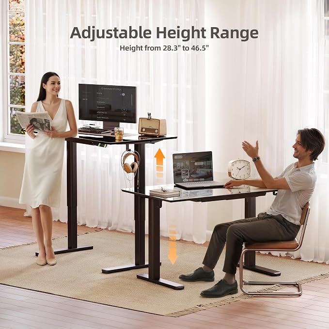 INNOVAR 55 x 27.6 Inch Black Glass Standing Desk with Drawers | Tempered Glass Top,Ergonomic,Adjustable Height,Stand Up Desk,4 Memory Presets