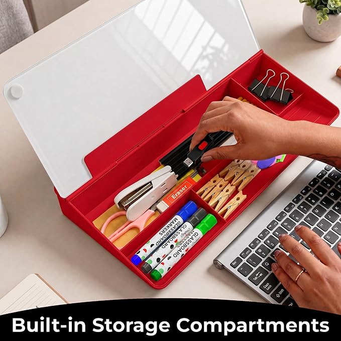 Chalkola Red/White Glass Desktop Whiteboard with Storage - Dry Erase Board, Work Desk Organizers, Computer Keyboard Stand, Home Office Desk Accessories, Workspace Desktop Buddy
