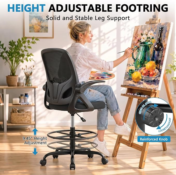 Kensaker Drafting Chair Tall Office Chair, Ergonomic Standing Desk Chair with Adjustable Foot Ring and Flip-up Armrests, Mesh Computer Chair for Art Studio, 300 LBS, Black