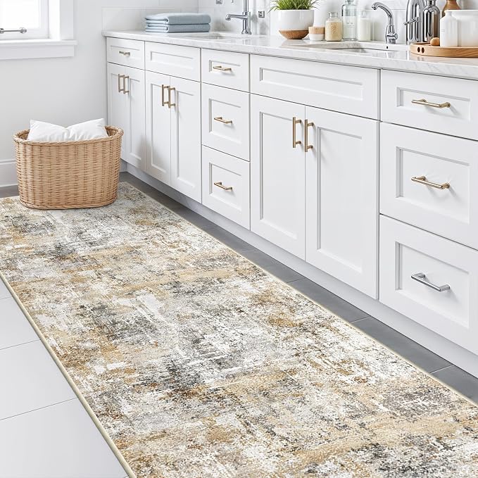 Rug Runners for Hallways Non Slip - 3X10 Washable Kitchen Runner Rug with Rubber Backing | Modern Abstract Wide Floor Carpet Runner for Indoor Entryway, Bedroom, Living Room (Gold Grey)