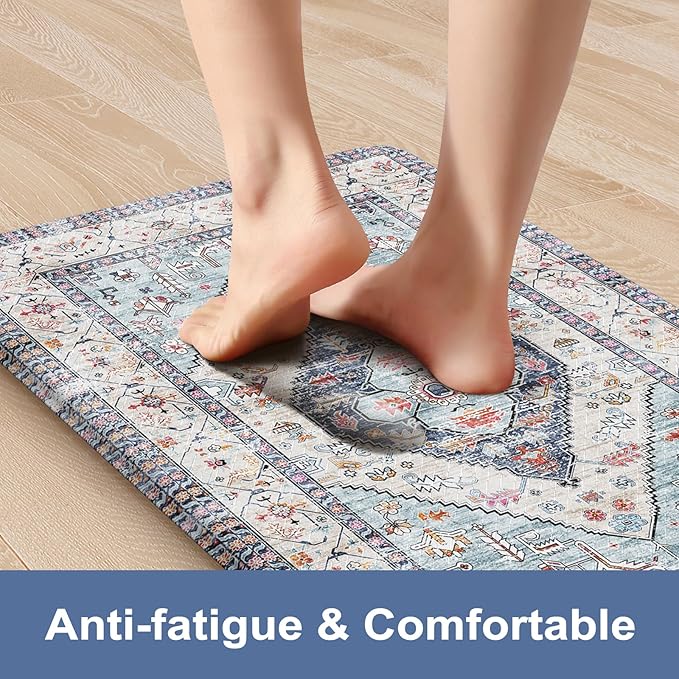 Anti Fatigue Mats for Kitchen Floor Set of 2, Waterproof Non-Skip Kitchen Rugs,Ergonomic Kitchen Floor Mats Cushioned,Comfort Foam Standing Mat for Office,Laundry Room,Sink,Counter, Desk(Blue)