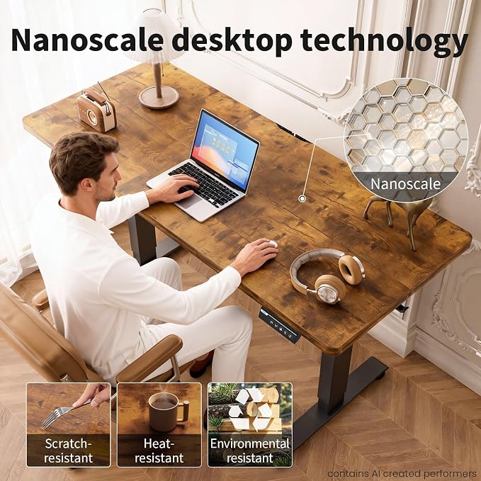 Veken 55" x 23.6" Super Large Standing Desk, Height Adjustable Electric Computer Desk, Sit to Stand Up, Modern Workstation for Home Office, Walking Pad, Writing, Gaming Bedroom Study, Brown