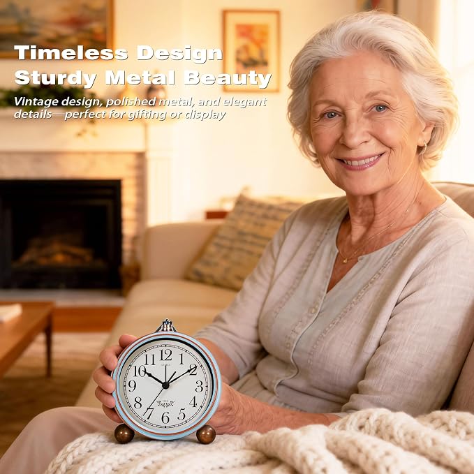 AYRELY® 5.3" Vintage Metal Analog Alarm Clock, Retro Desk and Table Clock | Antique Battery Operated Clock with Light, Elegant Bedside Gift for Bedrooms, Living Rooms, Shellf and Home Decor(Light Blue)