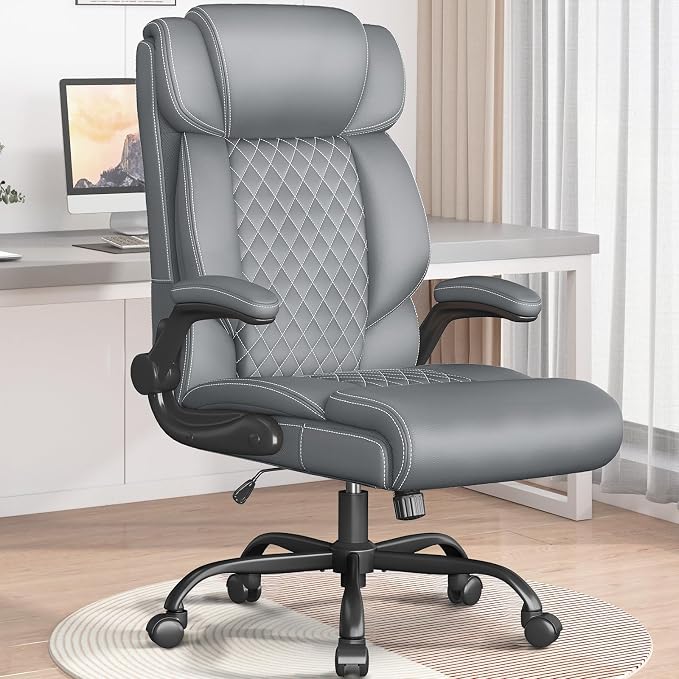 Office Chair-Executive High Back Breathable Big and Tall Office Chair Flip-up Armrests Lumbar Support-Ergonomic Leather Rolling Swivel Chair with Rock Function for Working Studying Gaming,Gray