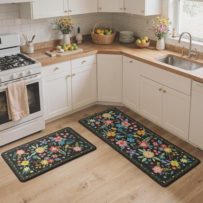GENIMO Anti Fatigue Kitchen Mats for Floor 2PCS, Cushioned Standing Mats | 20"x32"&20"x48", Black vintage floral rug set, waterproof, non slip, easy-clean for farmhouse