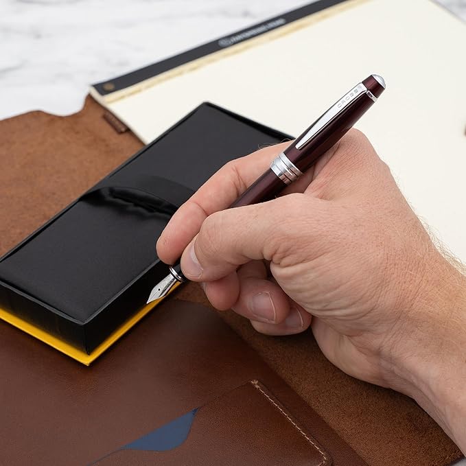 Engraved Cross Fountain Pen | Personalized Cross Bailey Red Lacquer Fountain Pen with Chrome Trim. Personalization, Gift Box, & Starter Ink Included.