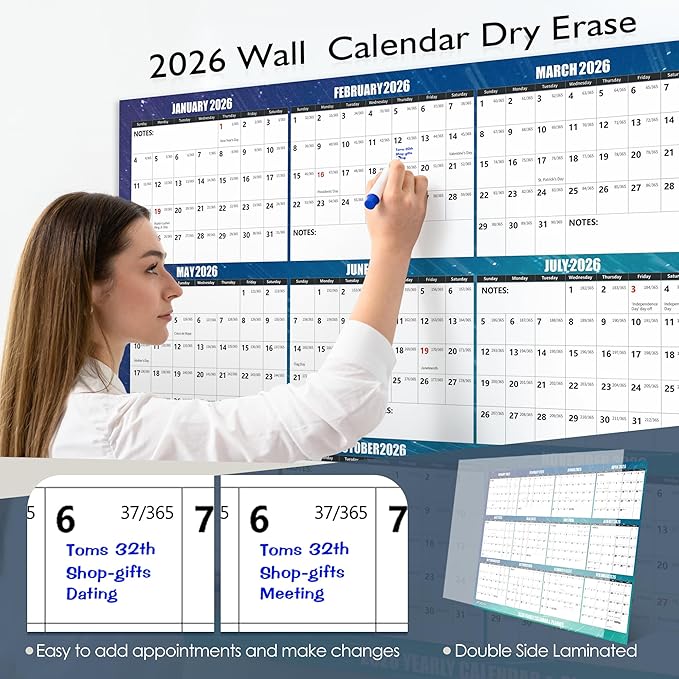 32" x 48" Apricity 2026 Wall Calendar Dry Erase - Aurora Green Wall Calendar Wet & Dry Erasable Laminated 12 Month Annual Yearly Planner, Reversible, Horizontal/Vertical,with Julian Dates