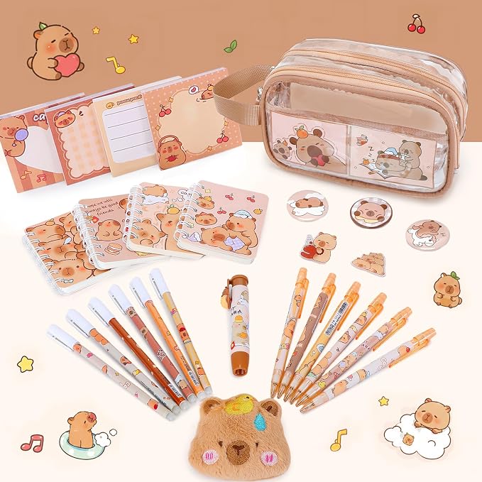 Capybara Theme Clear Backpack, 28Pcs School Supplies Stationery Transparent Backpack Set with Lunch Box Pencil Case Pens Notebooks for Kids Girls Elementary Middle School Stadium Approved