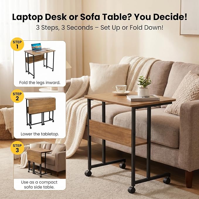 Mobile Foldable Desk w/ 6 Wheels,Portable Rolling Small Computer Desk w/Storage Shelves, Folding desks for Small Spaces, Computer Table for Home Office Bedroom Living Room-Brown