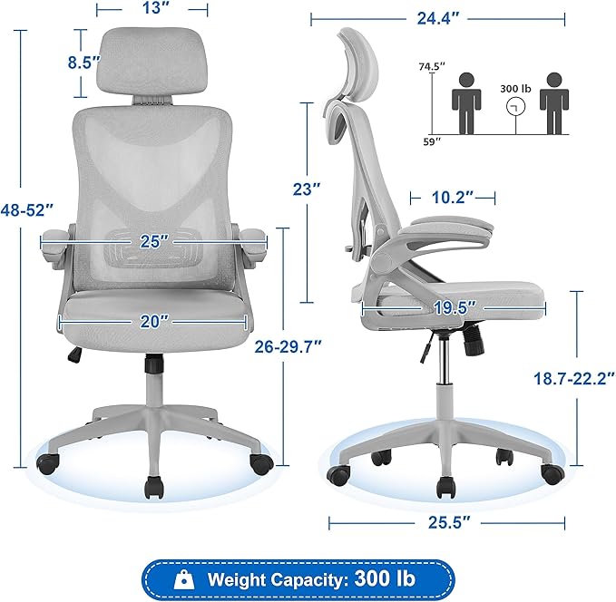 Yaheetech Ergonomic Mesh Office Chair, High Back Desk Chair with with flip-up Armrests, Adjustable Padded Headrest Computer Chair with Lumbar Support for Home Oiffce Game Room, Full Gray