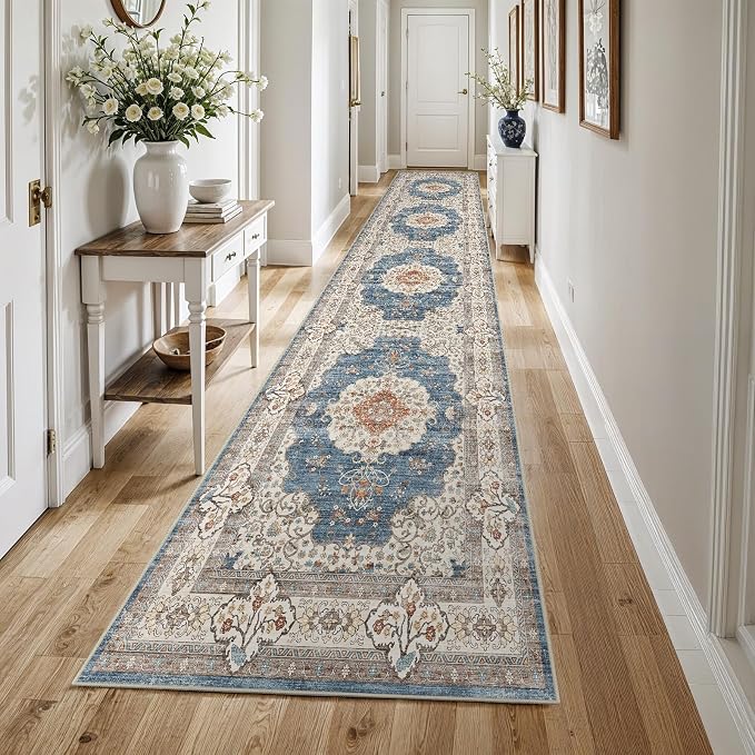 3x12 Washable Hallway Runner Rug:Oriental Indoor Kitchen Rugs Vintage Door Mat Non Slip with Rubber Backing Low Pile Thin Carpet for Bedroom Bathroom Living Room Bedside (3x12 Blue/Beige)