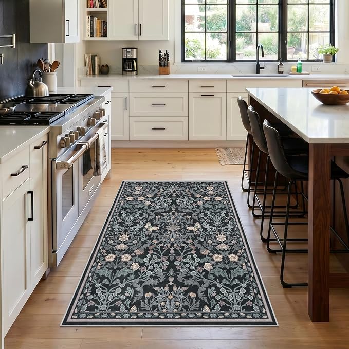 Puino Washable Entryway 3x4 Rug: Small Rugs for Indoor Entrance Vintage Floral Non Slip Backing Door Mat Low Pile Stain Resistant Carpet for Bedroom Kitchen Bathroom Bedside Dark Botanical