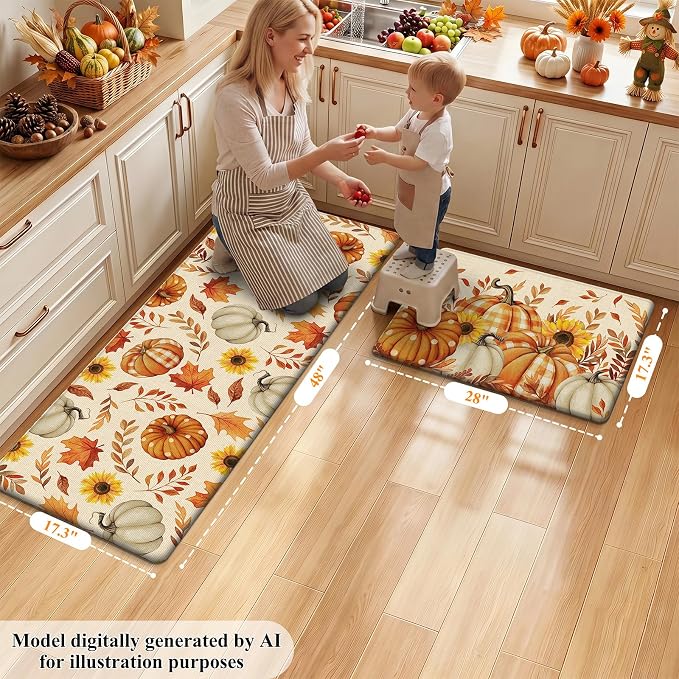 HEBE Fall Kitchen Mat Set of 2, Anti Fatigue Pumpkin Kitchen Mats for Floor | Cushioned Non Slip Autumn Kitchen Rugs and Runner Set, Waterproof Sunflower Maple Leaf Floor Carpet for Harvest Thanksgiving