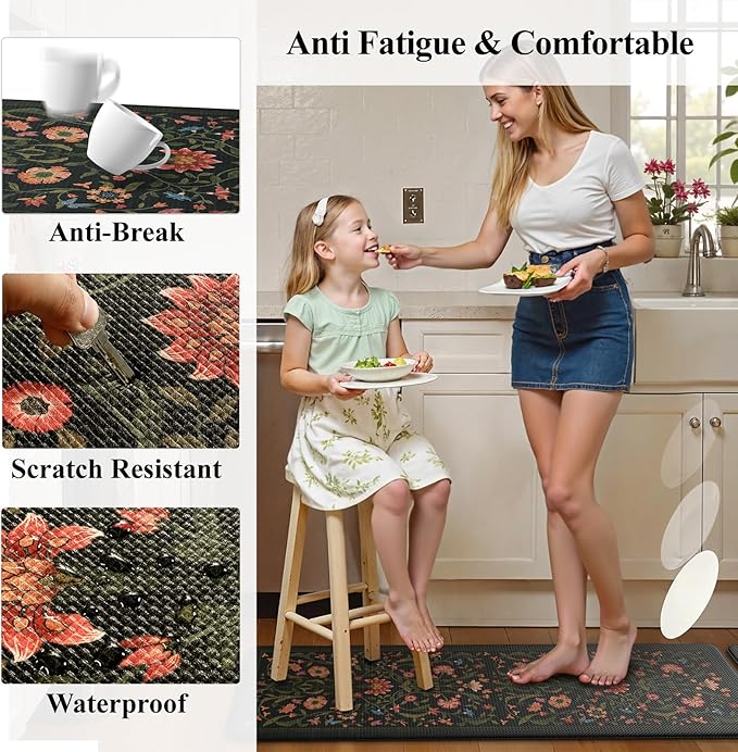 Collive Anti Fatigue Mats for Kitchen Floor, Waterproof Cushioned Kitchen Rugs Sets of 2 Non Skid Padded Sink Rugs, Vintage Floral Comfort Standing Mat for Laundry, Office, 17.3"x29"+17.3"x59", Black