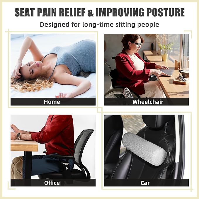 Coeyese Lumbar Roll Pillow for Lower Back Support, Light Grey, 15*4.3'' | Removable Pillowcase, Upgraded Adjustable Strap, Suitable for Office, Chair, Car, Seat Pain Relief & Improving Posture